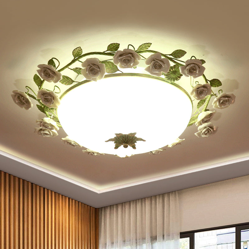 Witte glazen kom plafondverlichting Koreaanse bloem led slaapkamer semi spoeling mount lamp armatuur, 16 "/19,5" breed