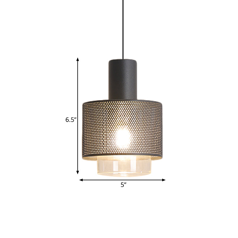 Modern Drum Mesh Pendant Lighting Iron 1 Head Bedside Hanging Ceiling Lamp in Black with Cylinder Clear Glass Shade