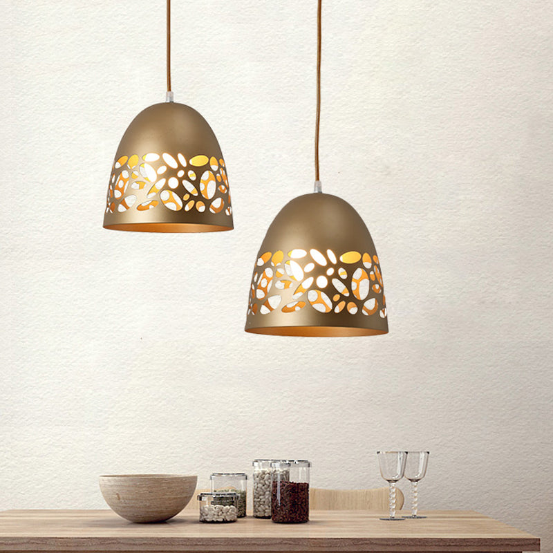 Domed Metal Ceiling Light Post Modern 1-Bulb Gold Finish Pendant with Hollow Out Design