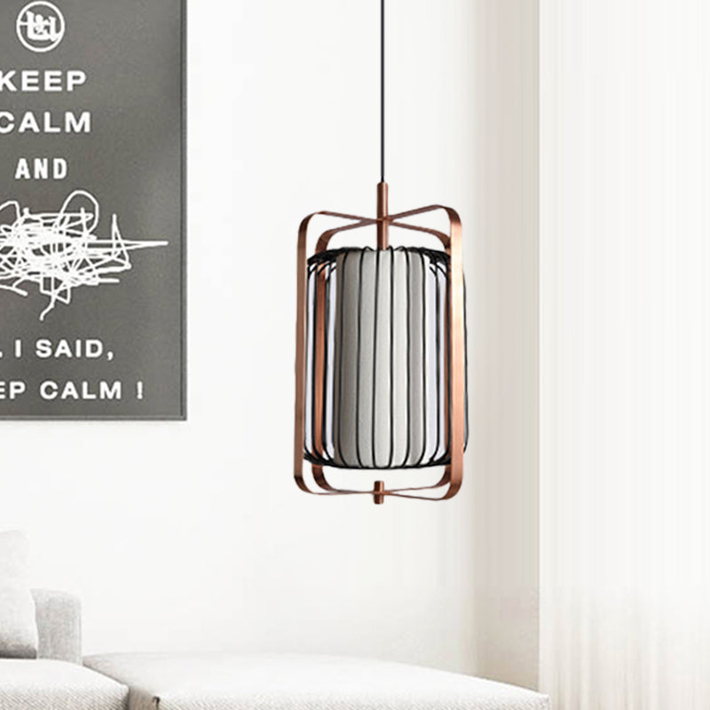 Rectangle Cadre Pendre Modernisme Métal 1 lampe de suspension en or rose clair avec cylindre Cage noire et ombre en tissu blanc