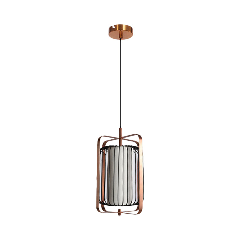 Rectangle Cadre Pendre Modernisme Métal 1 lampe de suspension en or rose clair avec cylindre Cage noire et ombre en tissu blanc