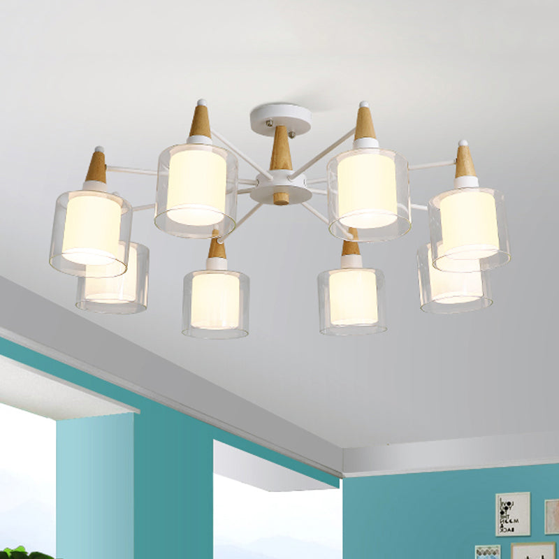 Beige Double Cylinder Flush Mount Fixture Modernism 8 Heads Clear and White Glass Semi Close to Ceiling Light