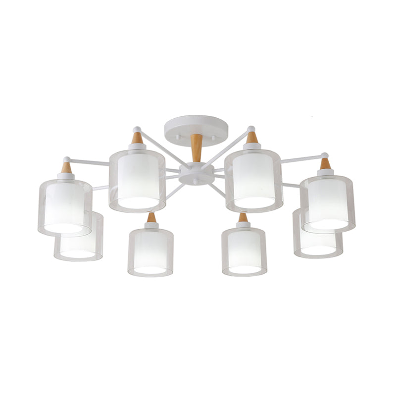 Beige Double Cylinder Flush Mount Fixture Modernism 8 Heads Clear and White Glass Semi Close to Ceiling Light