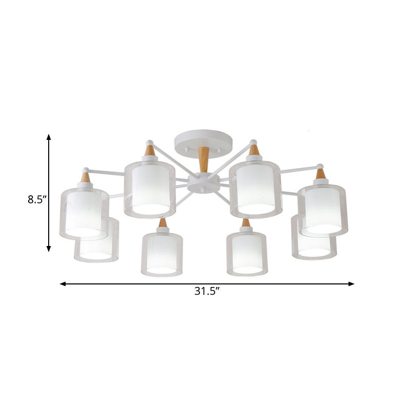 Beige Double Cylinder Flush Mount Fixture Modernism 8 Heads Clear and White Glass Semi Close to Ceiling Light