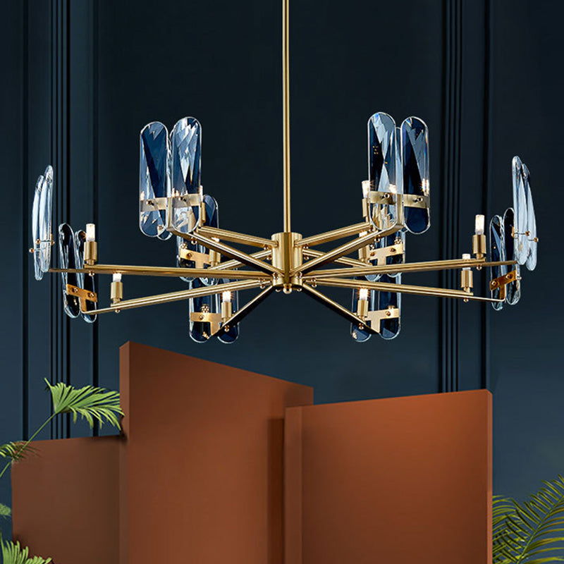 Pannello ovale in vetro blu appeso al soffitto Light Postmodern 8 lampadina in ottone Lampada a LEDELIE LED con design radiale