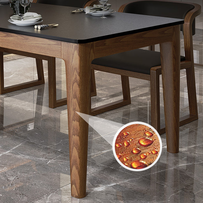 Modern Rectangle Dining Table Black Stone Top Dinette Table with Wooden Legs