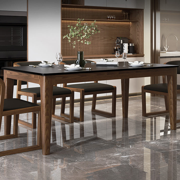 Modern Rectangle Dining Table Black Stone Top Dinette Table with Wooden Legs