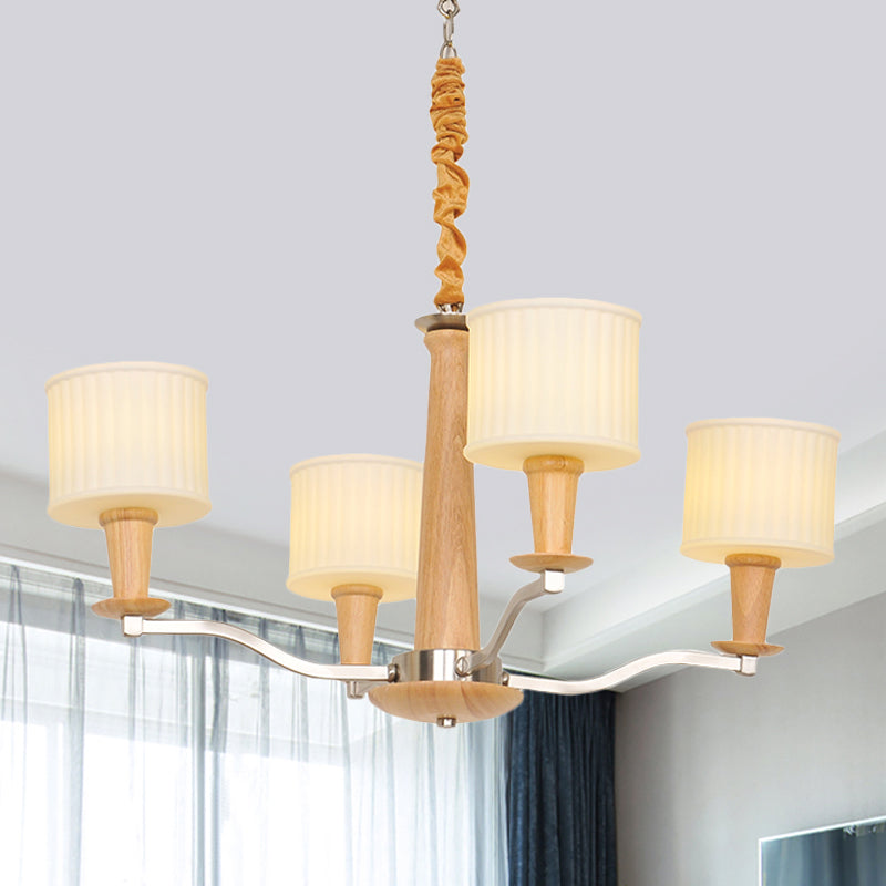 Lustre de plafond radial beige moderniste moderniste en bois suspendu en bois avec tambour en verre crème à tambour