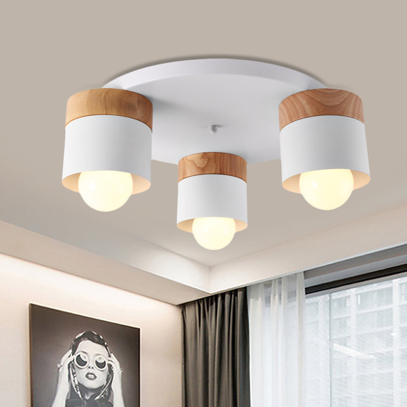 Iron Cylinder Flush Mount Fixture Modern Nordic 3 Bulbs White Ceiling Flush with Wood Top for Bedroom