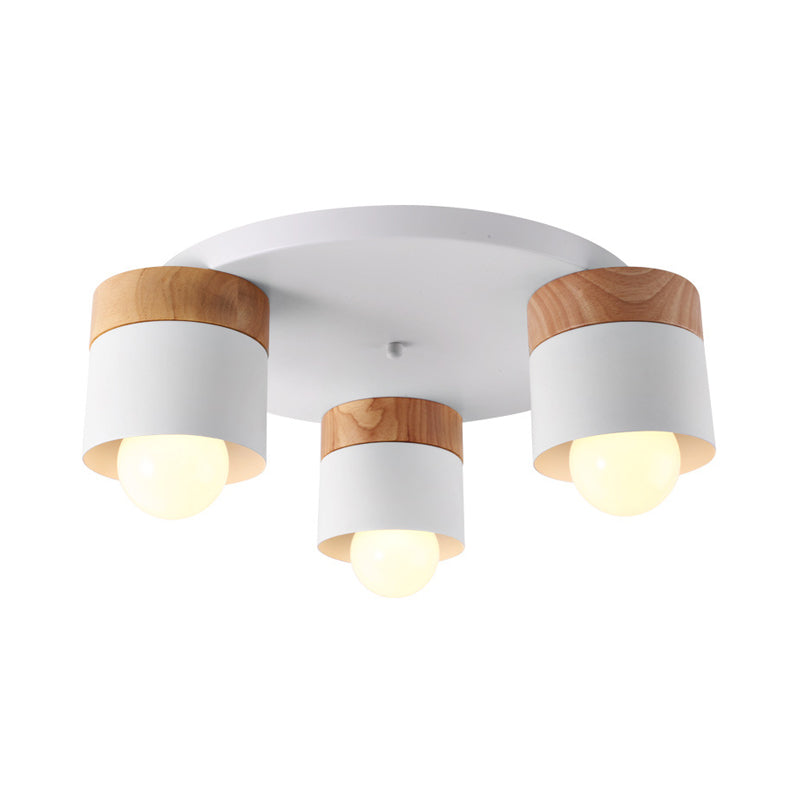 Iron Cylinder Flush Mount Fixture Modern Nordic 3 Bulbs White Ceiling Flush with Wood Top for Bedroom