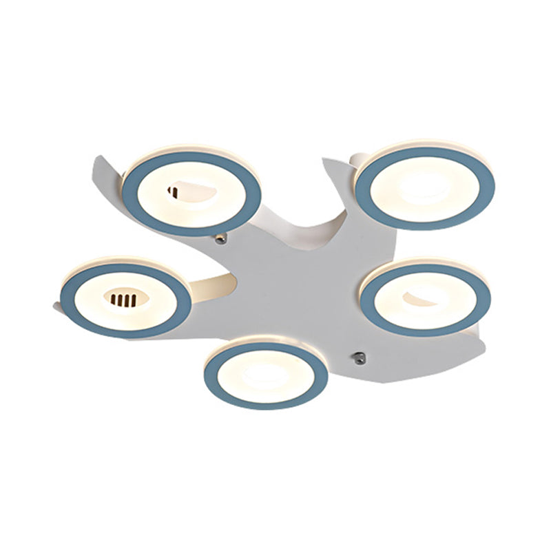 Nordic 5-Ring Flush Ceiling Light Fixture Acrylic LED Bedroom Flush Mount Lamp in Blue with Tree Iron Canopy