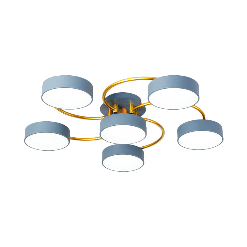 Small Drum Iron Semi Flush Light Fixture Nordic 6 Heads Grey LED Close to Ceiling Lamp with Gold Spiral Arm