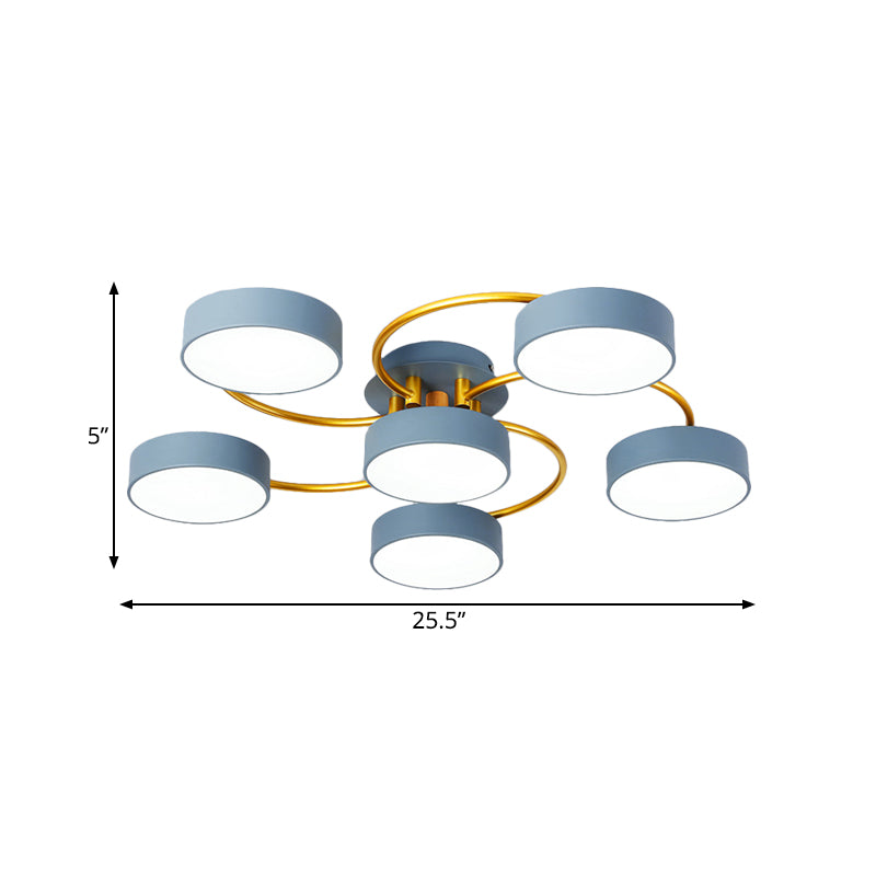 Small Drum Iron Semi Flush Light Fixture Nordic 6 Heads Grey LED Close to Ceiling Lamp with Gold Spiral Arm