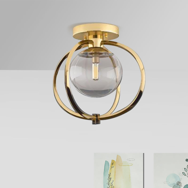 1 Bulb Bedroom Ceiling Light Fixture Modern Gold Metal Semi Flush Mount with Globe Clear Glass Shade