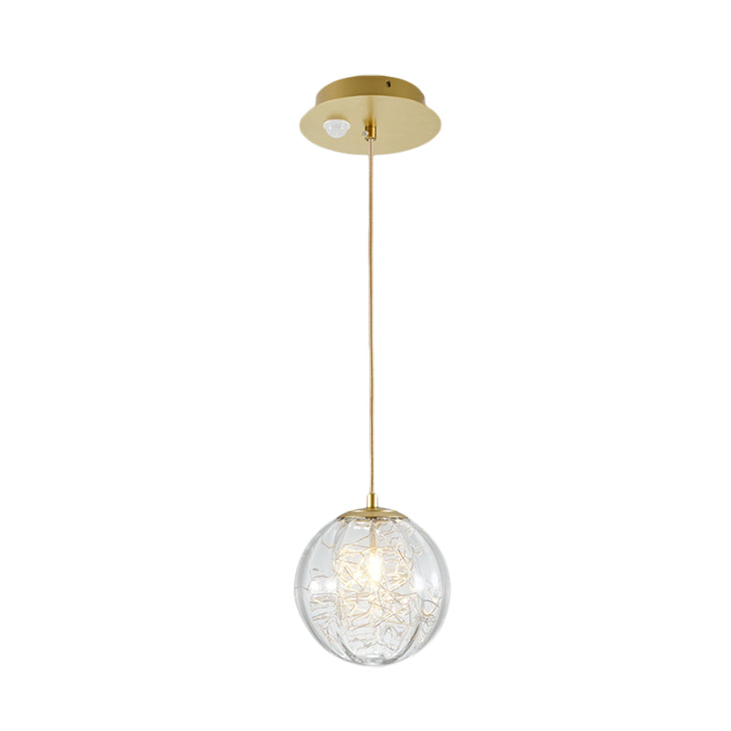 Brass Pumpkin Ball Ceiling Light Modern 1-Bulb Clear Glass Suspended Pendant Lamp for Bedside