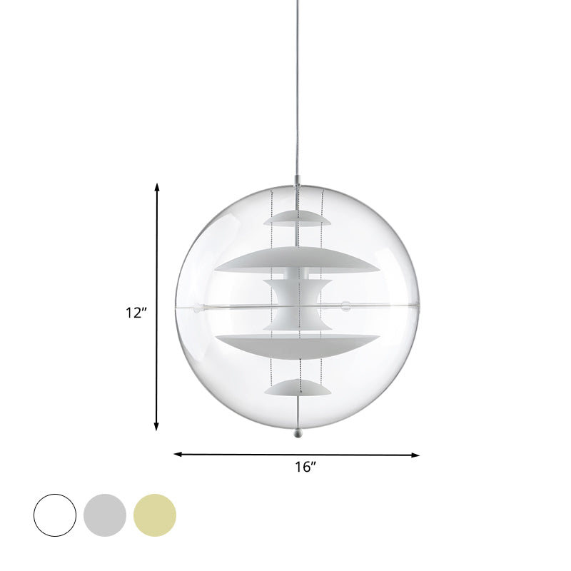 Clear Acrylic Ball Hanging Ceiling Light Modernist 1-Head Suspension Lamp with White/Gold/Silver Disc Deco Inside