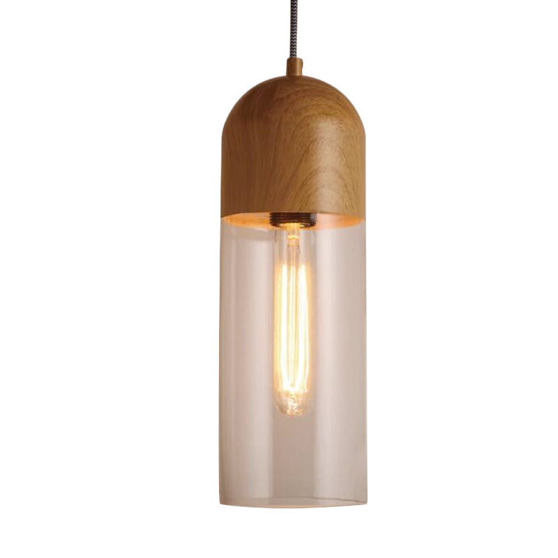 Half Capsule Ceiling Light Modern Clear Glass 1 Head Wood Pendant Lamp Fixture for Bedroom
