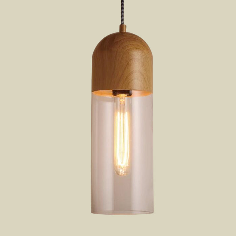 Half Capsule Ceiling Light Modern Clear Glass 1 Head Wood Pendant Lamp Fixture for Bedroom