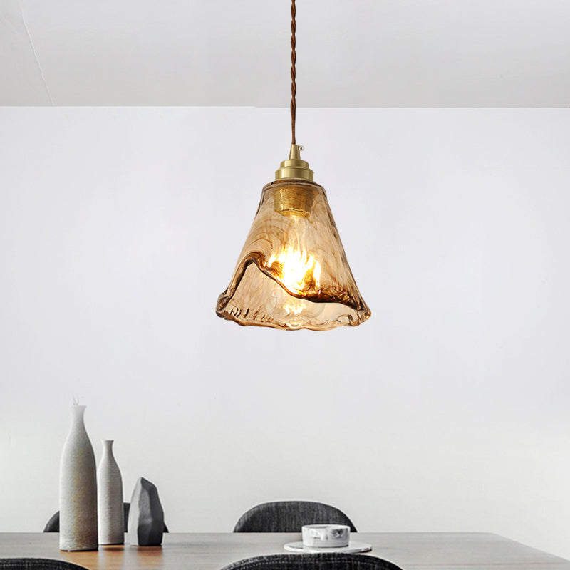 Modernism Floral Ceiling Pendant Light Amber Rippled Glass 1-Bulb Bedroom Drop Lamp in Brass