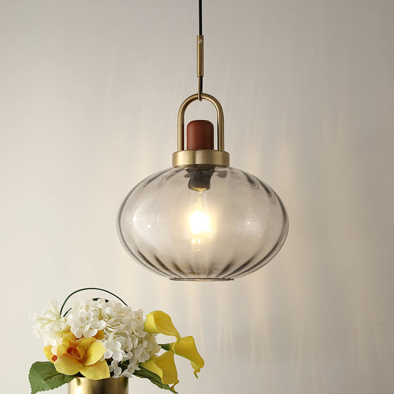 1 Light Bedroom Pendant Simple Brown and Gold Hanging Lamp with Oval Smoke Gray Water Glass Shade