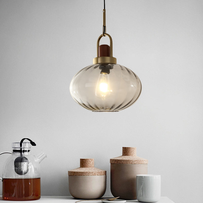 1 Light Bedroom Pendant Simple Brown and Gold Hanging Lamp with Oval Smoke Gray Water Glass Shade
