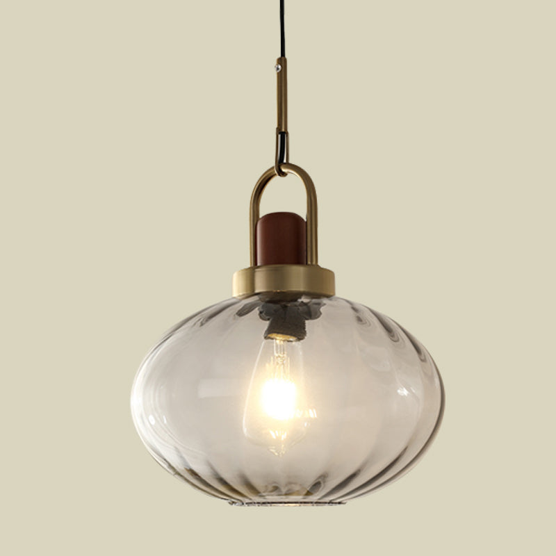 1 Light Bedroom Pendant Simple Brown and Gold Hanging Lamp with Oval Smoke Gray Water Glass Shade