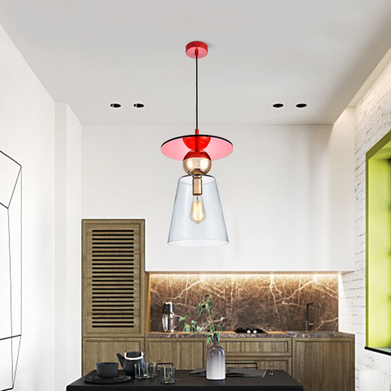 Kit de lumière suspendue en verre en verre transparent 1 tête lampe à suspension de plafond moderne avec top à disque rouge