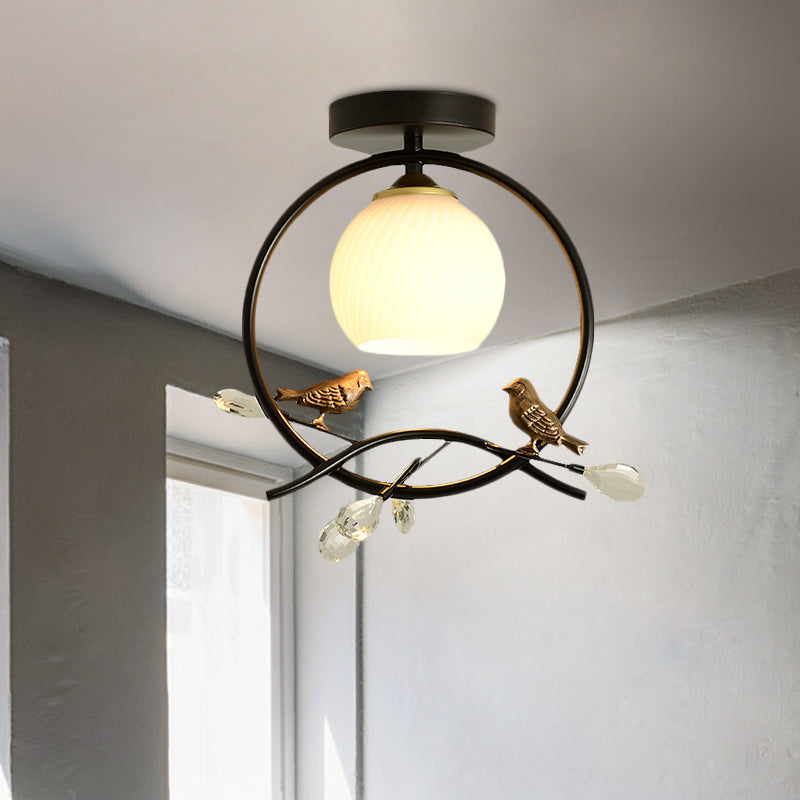 Metal Ring Semi-Flush Mount Modernist 1-Head Black/Gold Finish Flush Lighting with Bird and Crystal Deco