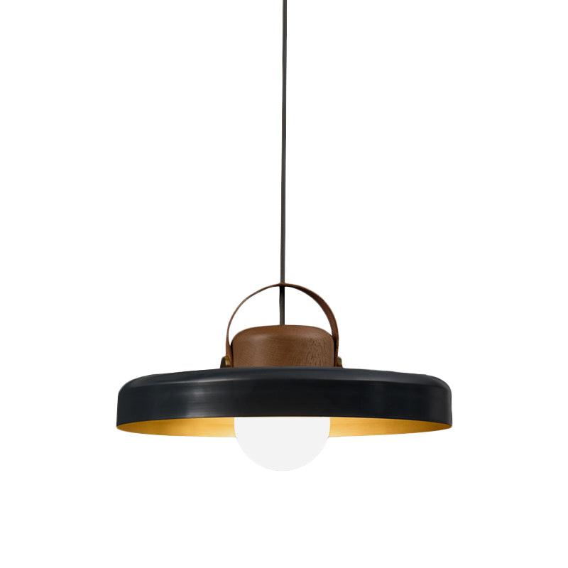Metal Flat Ceiling Light Modern 1 Head Black Down Lighting Pendant with Wooden Cap