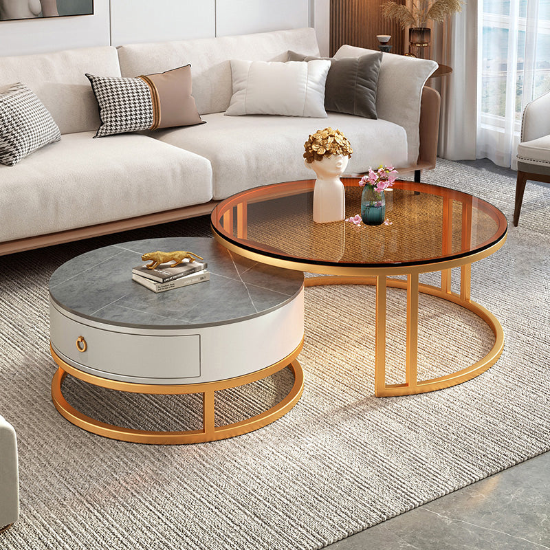 Round Coffee Table Glass Top 2 Nesting Coffee Table Set with Storage