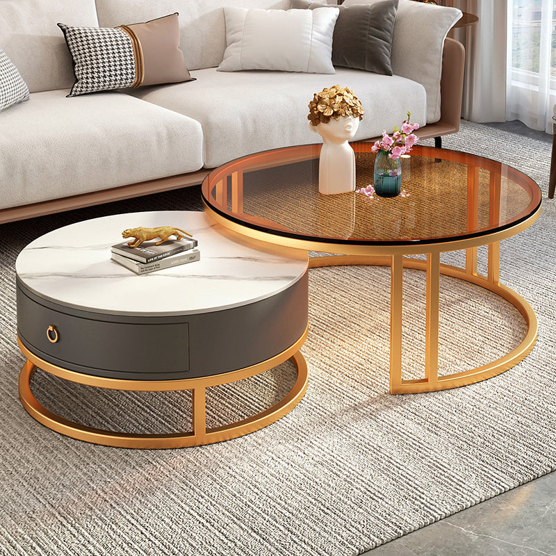 Round Coffee Table Glass Top 2 Nesting Coffee Table Set with Storage