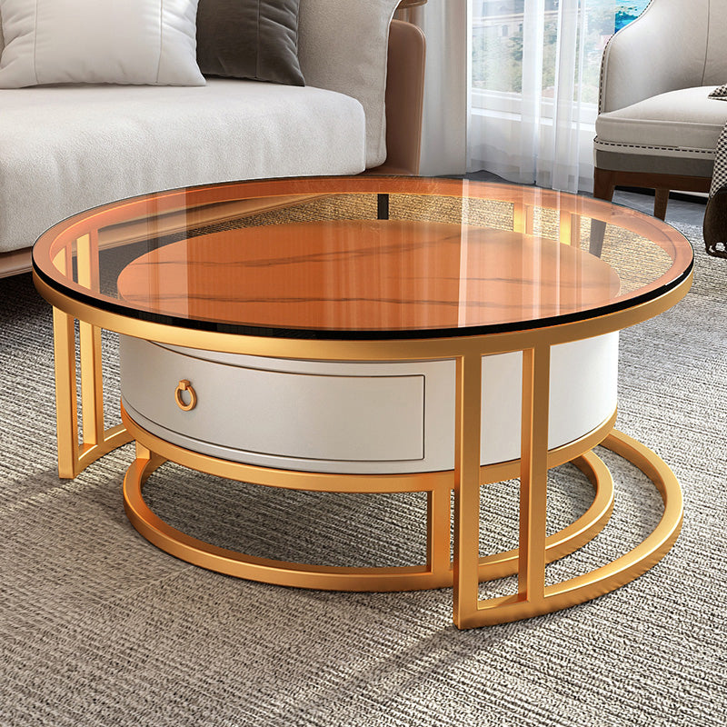 Round Coffee Table Glass Top 2 Nesting Coffee Table Set with Storage