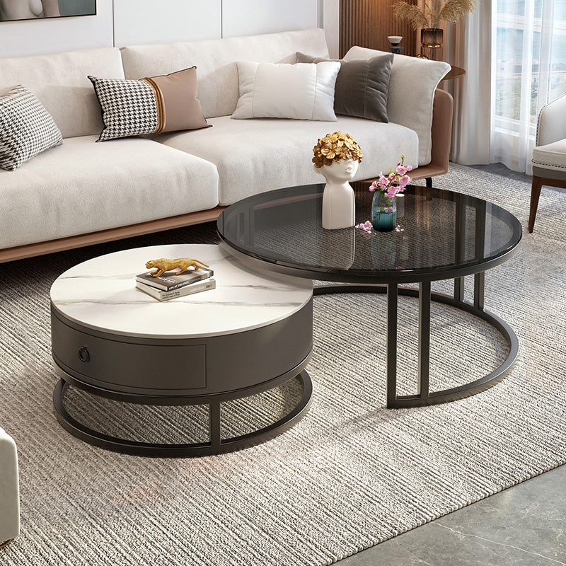 Round Coffee Table Glass Top 2 Nesting Coffee Table Set with Storage