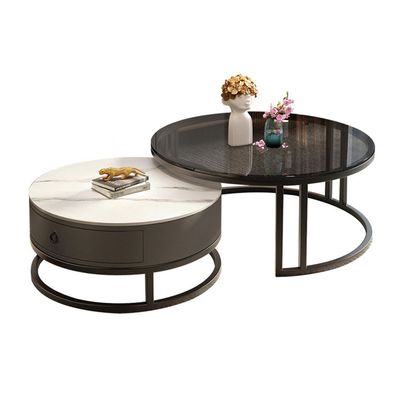 Round Coffee Table Glass Top 2 Nesting Coffee Table Set with Storage