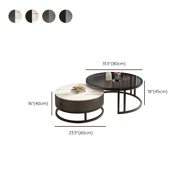 Round Coffee Table Glass Top 2 Nesting Coffee Table Set with Storage