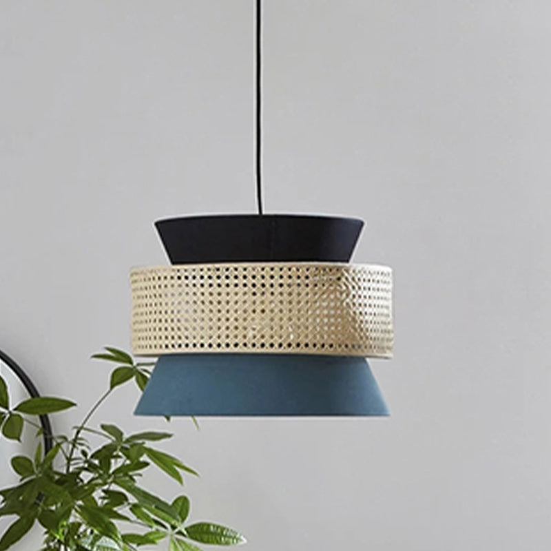 Hourglass Restaurant Ceiling Hang Fixture Fabric 1 Light Modern Pendant Light in Black and Blue with Rattan Decor