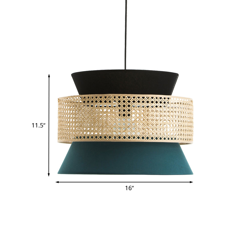 Hourglass Restaurant Ceiling Hang Fixture Fabric 1 Light Modern Pendant Light in Black and Blue with Rattan Decor