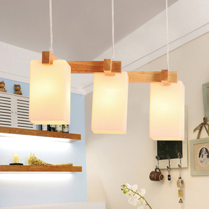 3 Bulbs Kitchen Cluster Pendant Modern Wood Hanging Lamp with Rectangular White Glass Shade