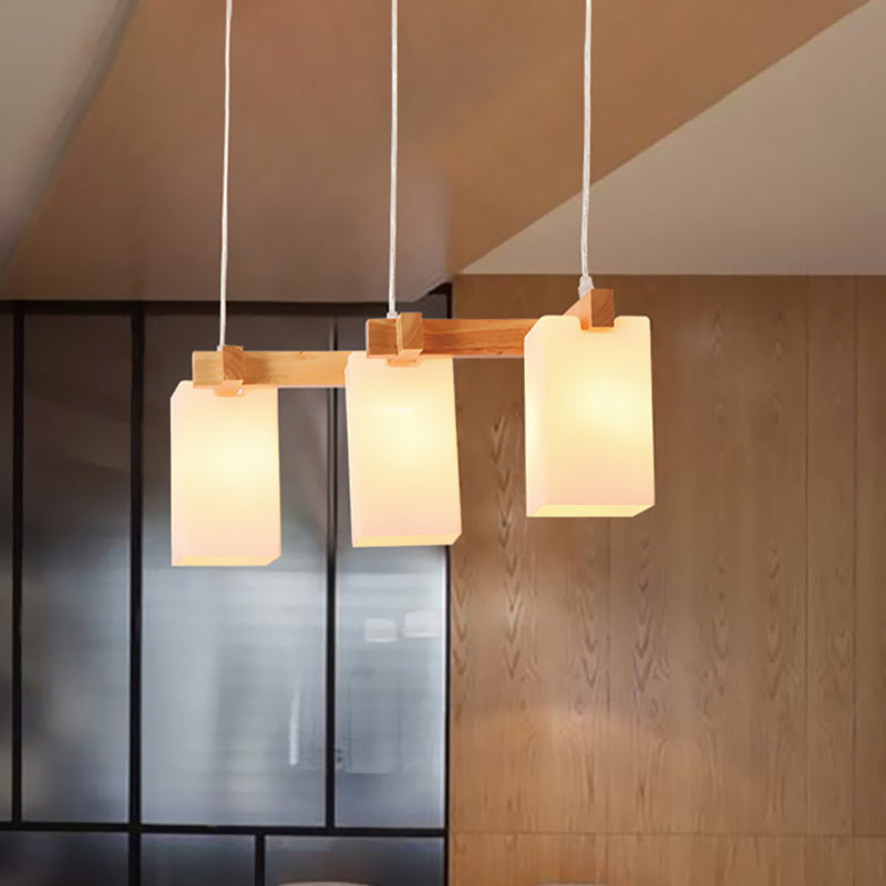 3 Bulbs Kitchen Cluster Pendant Modern Wood Hanging Lamp with Rectangular White Glass Shade