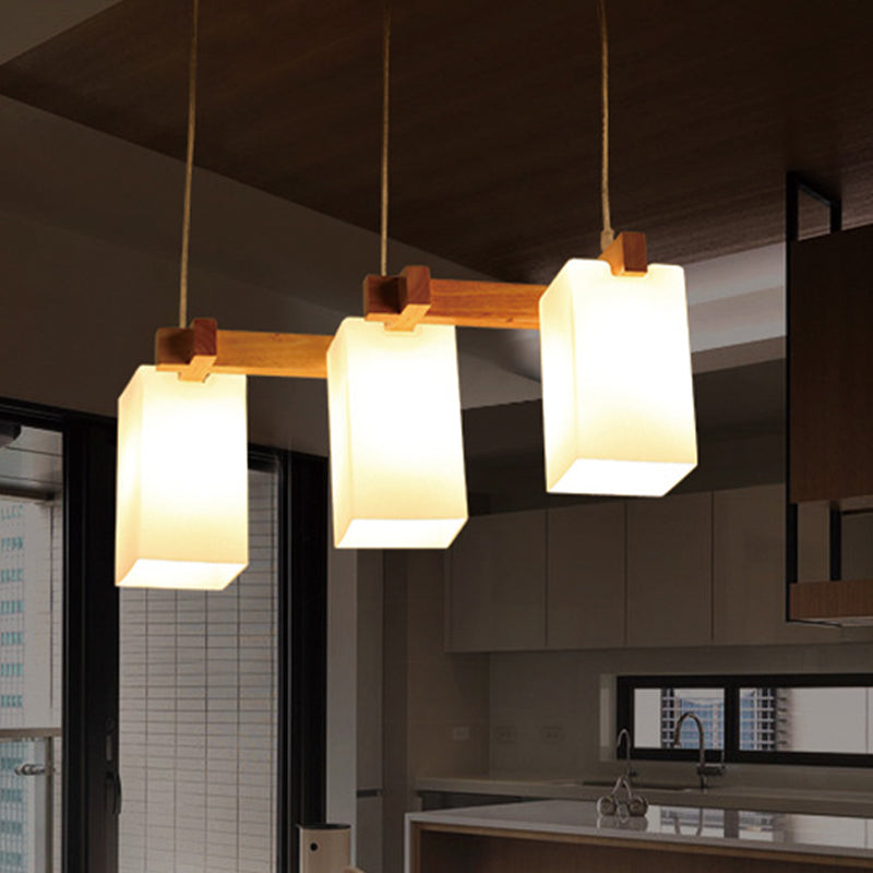 3 Bulbs Kitchen Cluster Pendant Modern Wood Hanging Lamp with Rectangular White Glass Shade