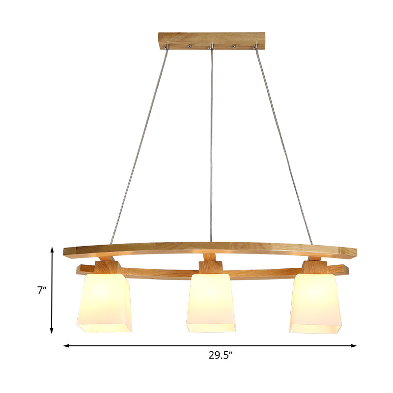 White Glass Trapezoid Cluster Pendant Minimalism 3 Bulbs Wood Suspension Lighting for Kitchen