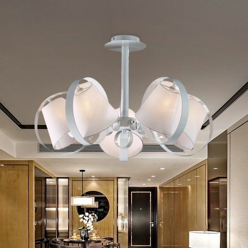 Minimalist Barrel Semi Flush Light Fabric 5 Heads Kitchen Flush Mount in White with Round Metal Cage