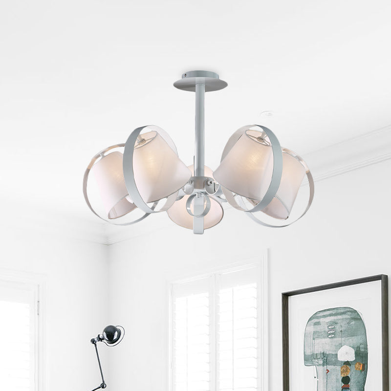 Minimalist Barrel Semi Flush Light Fabric 5 Heads Kitchen Flush Mount in White with Round Metal Cage