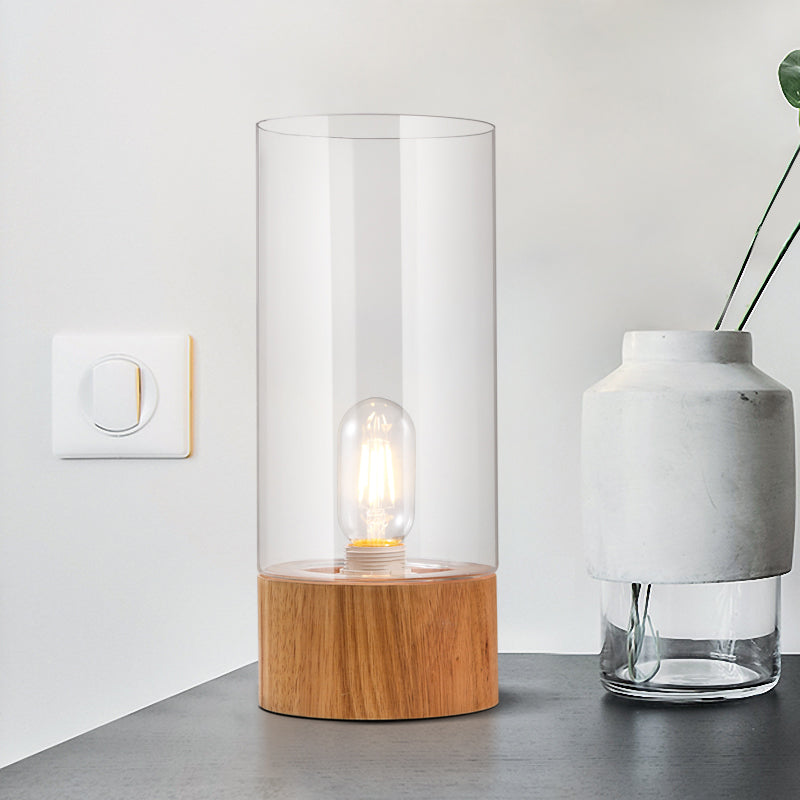 Dormitorio de cilindro escritorio pequeño ligero vaso transparente 1 LED de lectura de led simple lámpara de libro con base de madera