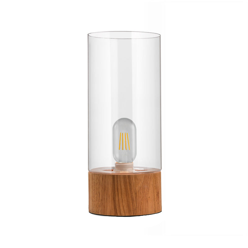 Dormitorio de cilindro escritorio pequeño ligero vaso transparente 1 LED de lectura de led simple lámpara de libro con base de madera