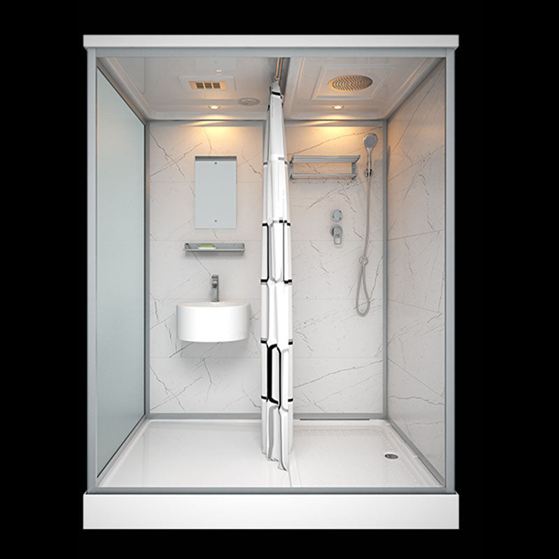 Frosted Tempered Glass Framed Shower Stall with White Base and Towel Bar