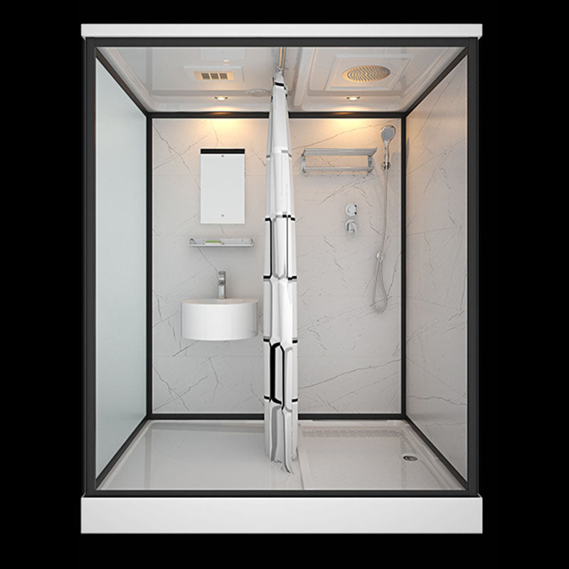 Frosted Tempered Glass Framed Shower Stall with White Base and Towel Bar