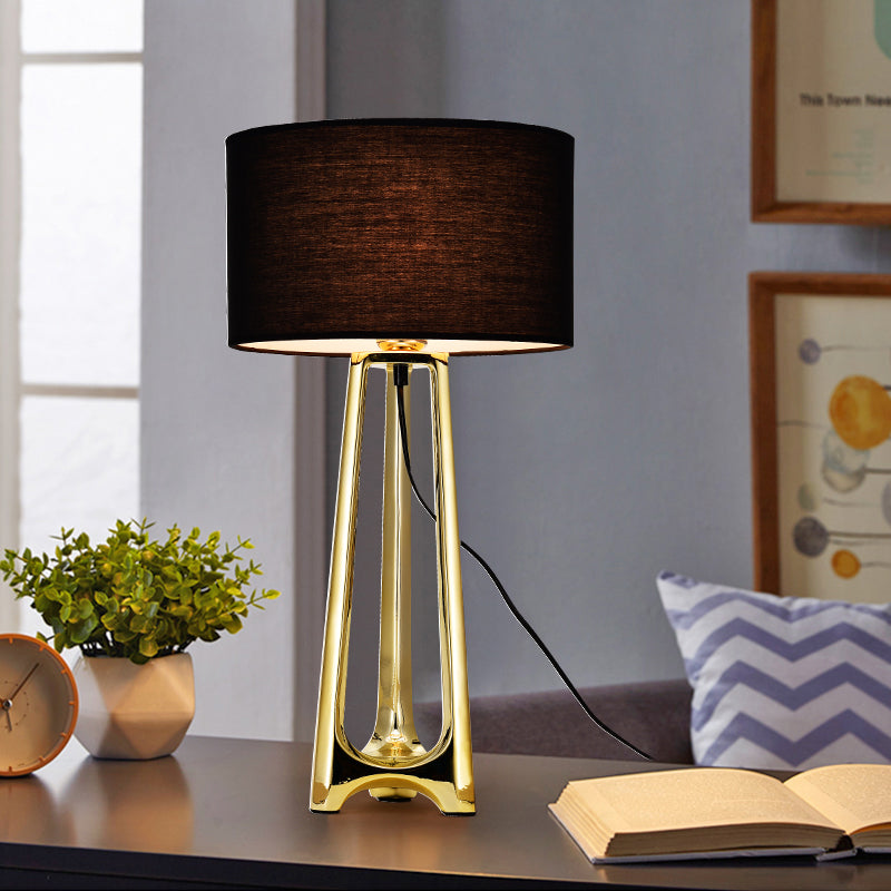 Metal Tripod Table Light Modern 1 Head Gold Finish Desk Lamp with Drum Black Fabric Shade