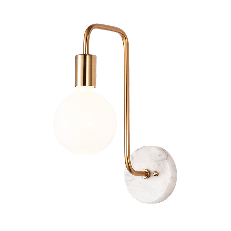 Postmodern Sphere Wall Sconce Lamp White Glass 1 Light Bedroom Wall Light Fixture in Gold with Marble Backplate