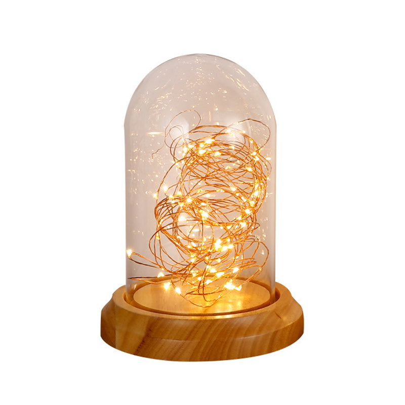 Lámpara moderna de la mesa nocturna LED BEIGE BEGE Bell Lámpara de escritorio con sombra de vidrio transparente, base de madera